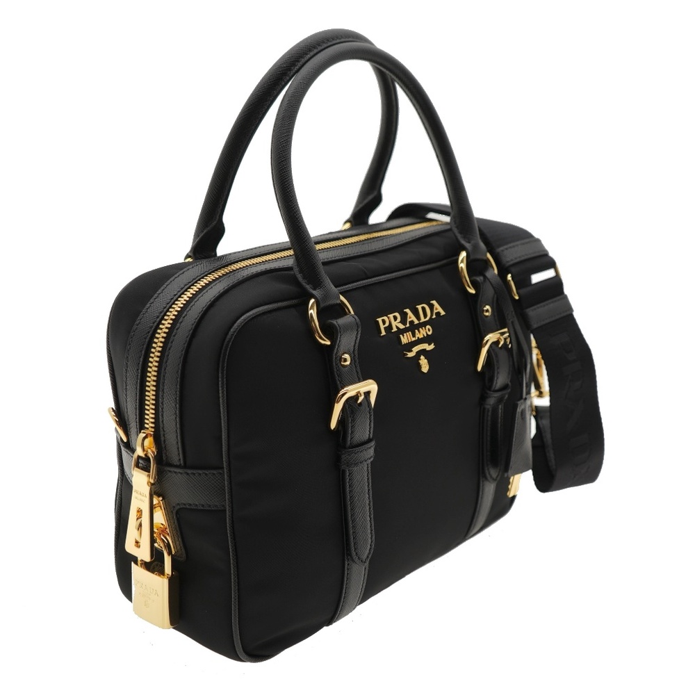 Prada Satchel Shoulder Bag Black Nylon & Saffiano Leather With Lock And Key New - Picture 5 of 9